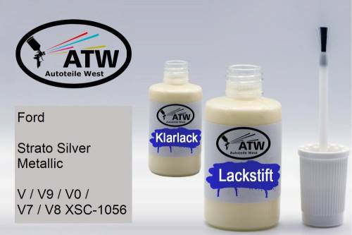 Ford, Strato Silver Metallic, V / V9 / V0 / V7 / V8 XSC-1056: 20ml Lackstift + 20ml Klarlack - Set, von ATW Autoteile West.